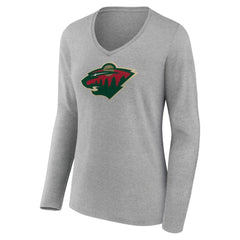 Minnesota Wild Women's Primary Logo Team Long Sleeve V-Neck T-Shirt - Heather Gray - NHL 5221190
