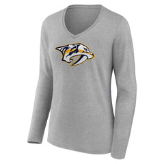 Nashville Predators Women's Primary Logo Team Long Sleeve V-Neck T-Shirt - Heather Gray - NHL 5221192