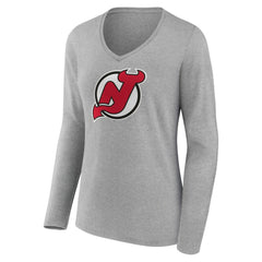 New Jersey Devils Women's Primary Logo Team Long Sleeve V-Neck T-Shirt - Heather Gray - NHL 5221193