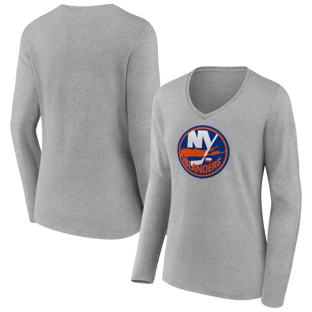 New York Islanders Women's Primary Logo Team Long Sleeve V-Neck T-Shirt - Heather Gray - NHL 5221194