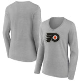 Philadelphia Flyers Women's Primary Logo Team Long Sleeve V-Neck T-Shirt - Heather Gray - NHL 5221197