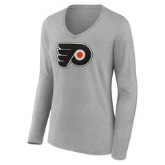 Philadelphia Flyers Women's Primary Logo Team Long Sleeve V-Neck T-Shirt - Heather Gray - NHL 5221197