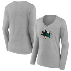 San Jose Sharks Women's Primary Logo Team Long Sleeve V-Neck T-Shirt - Heather Gray - NHL 5221199