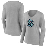 Seattle Kraken Women's Primary Logo Team Long Sleeve V-Neck T-Shirt - Heather Gray - NHL 5221200