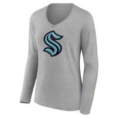 Seattle Kraken Women's Primary Logo Team Long Sleeve V-Neck T-Shirt - Heather Gray - NHL 5221200