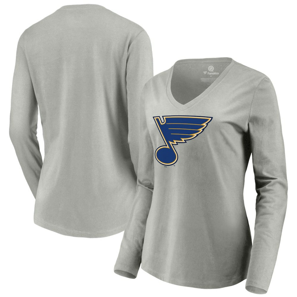 St. Louis Blues Women's Primary Logo Team Long Sleeve V-Neck T-Shirt - Heather Gray - NHL 5221201