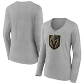 Vegas Golden Knights Women's Primary Logo Team Long Sleeve V-Neck T-Shirt - Heather Gray - NHL 5221204