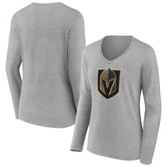 Vegas Golden Knights Women's Primary Logo Team Long Sleeve V-Neck T-Shirt - Heather Gray - NHL 5221204