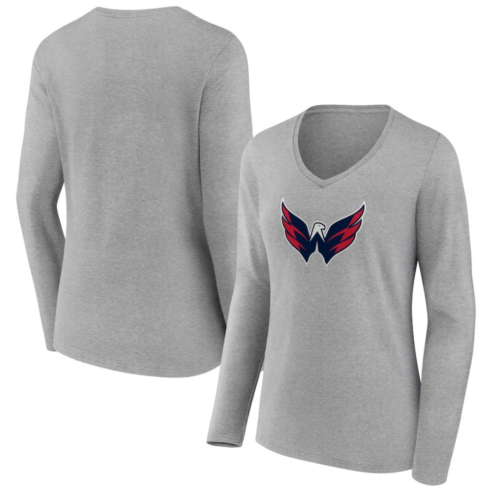 Washington Capitals Women's Primary Logo Team Long Sleeve V-Neck T-Shirt - Heather Gray - NHL 5221205