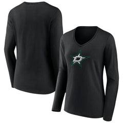 Dallas Stars Women's Primary Team Logo Long Sleeve V-Neck T-Shirt - Black - NHL 5221234