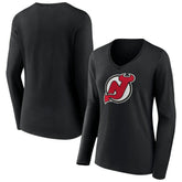 New Jersey Devils Women's Primary Team Logo Long Sleeve V-Neck T-Shirt - Black - NHL 5221237