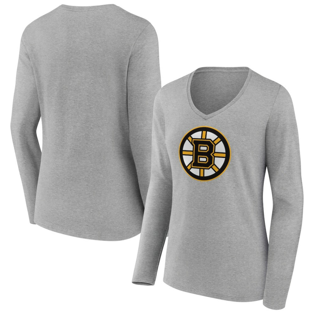 Boston Bruins Women's Primary Logo Team Long Sleeve V-Neck T-Shirt - Heather Gray - NHL 5221240