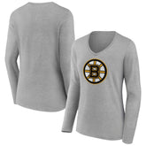 Boston Bruins Women's Primary Logo Team Long Sleeve V-Neck T-Shirt - Heather Gray - NHL 5221240