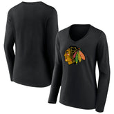Chicago Blackhawks Women's Primary Team Logo Long Sleeve V-Neck T-Shirt - Black - NHL 5221243