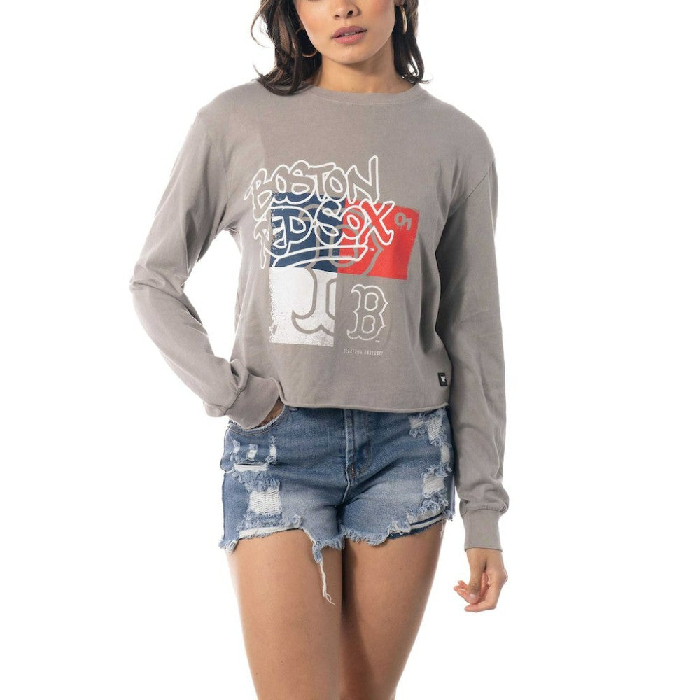 Boston Red Sox The Wild Collective Women's Cropped Long Sleeve T-Shirt - Gray - MLB Sale