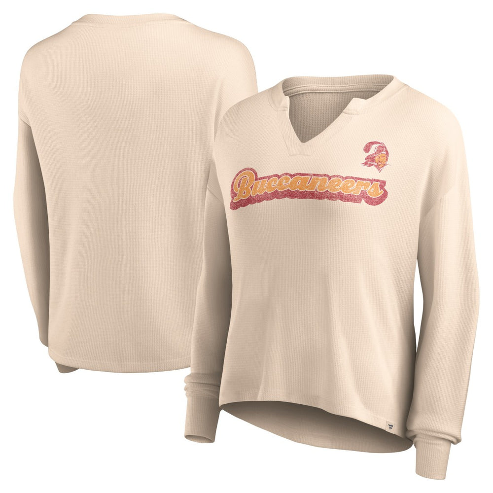 Fanatics Tampa Bay Buccaneers Women's Go For It Notch Neck Waffle Knit Lightweight Long Sleeve T-Shirt Tan