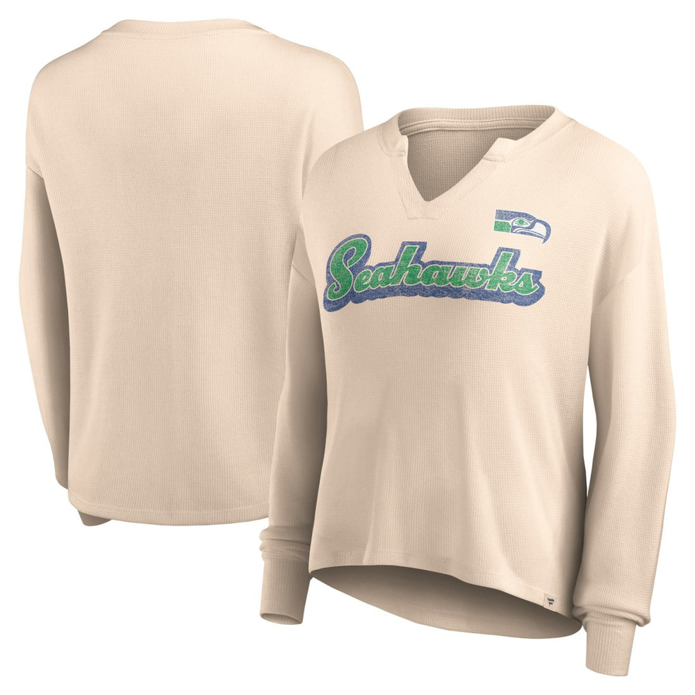 Fanatics Seattle Seahawks Women's Go For It Notch Neck Waffle Knit Lightweight Long Sleeve T-Shirt Tan