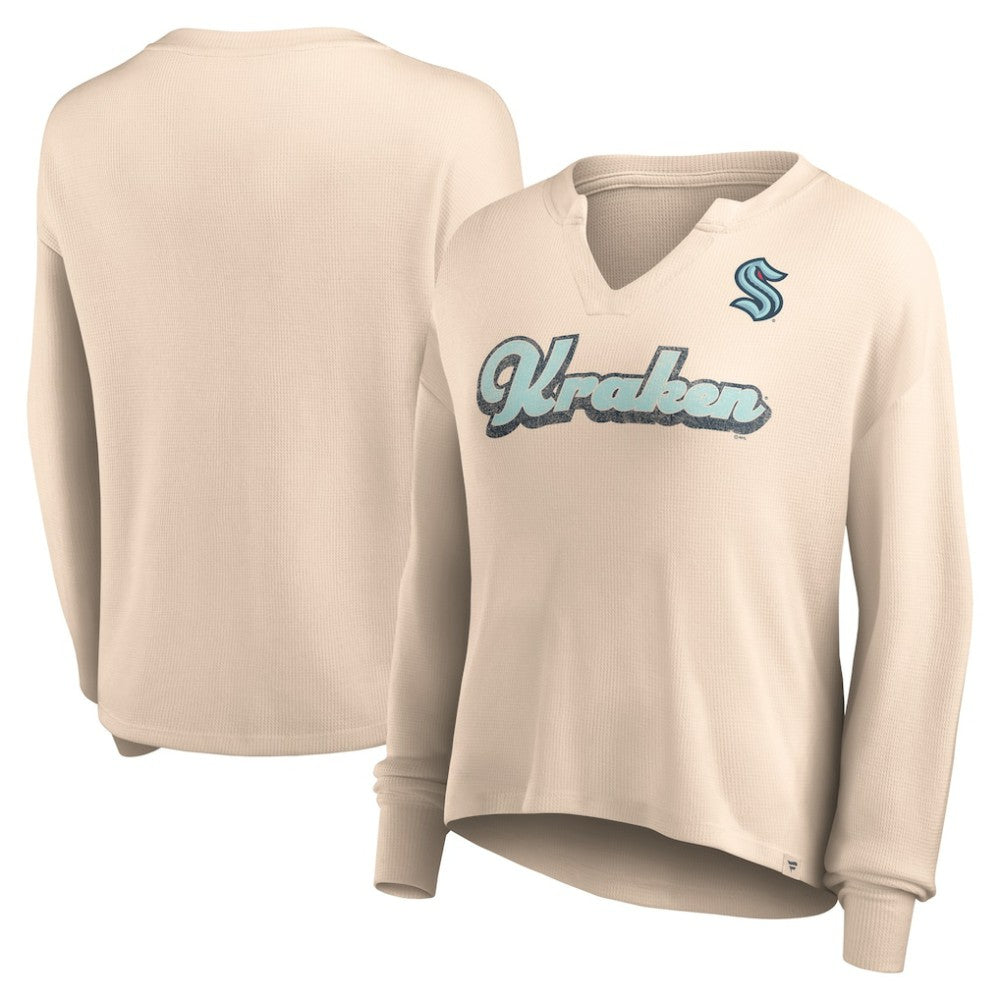 Seattle Kraken Fanatics Women's Go For It Notch Neck Waffle Knit Long Sleeve T-Shirt - Oatmeal - NHL 5249282