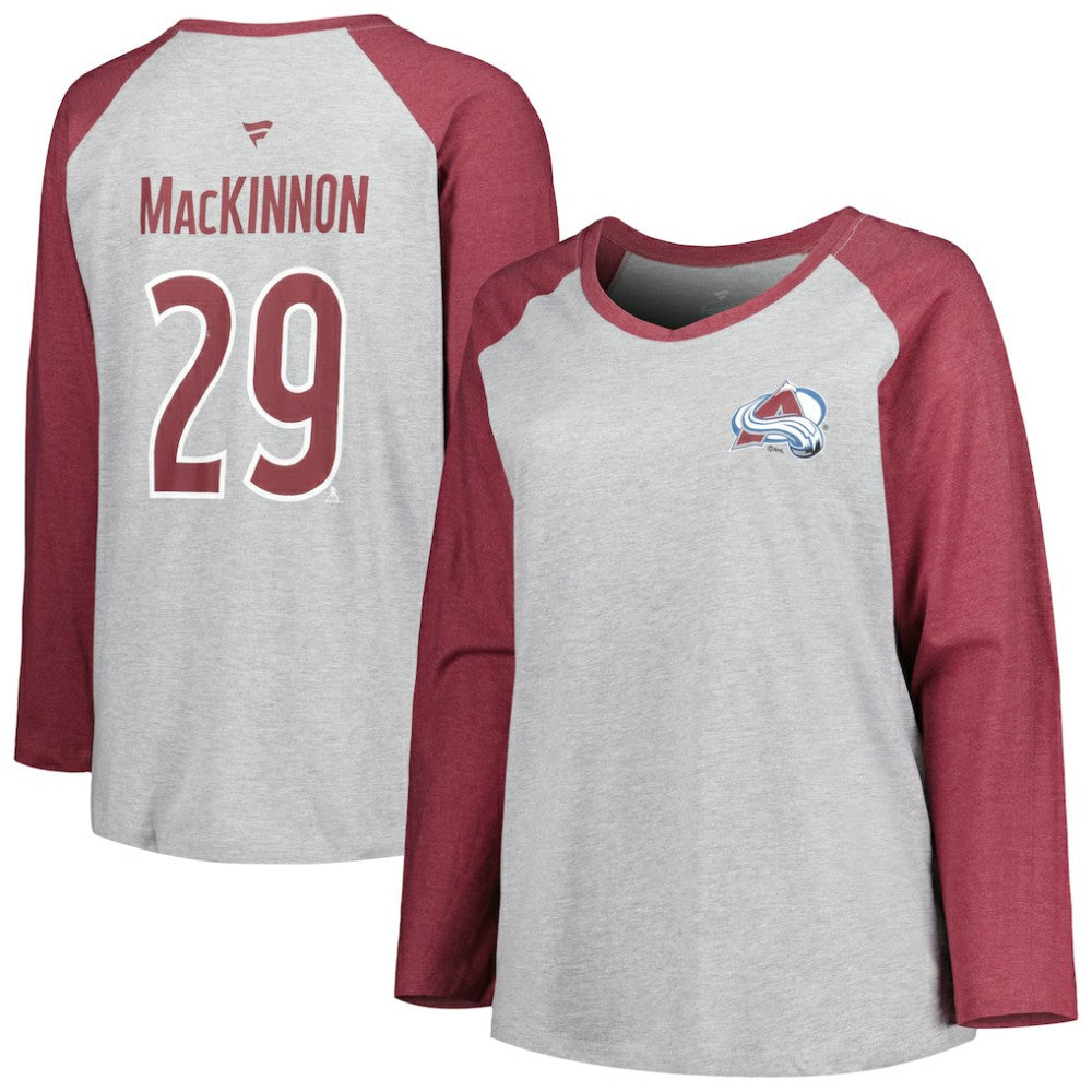 Nathan MacKinnon Colorado Avalanche Fanatics Women's Plus Size Name & Number Raglan Long Sleeve T-Shirt - Heather Gray/Heather Burgundy - NHL 5254399