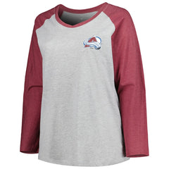 Nathan MacKinnon Colorado Avalanche Fanatics Women's Plus Size Name & Number Raglan Long Sleeve T-Shirt - Heather Gray/Heather Burgundy - NHL 5254399