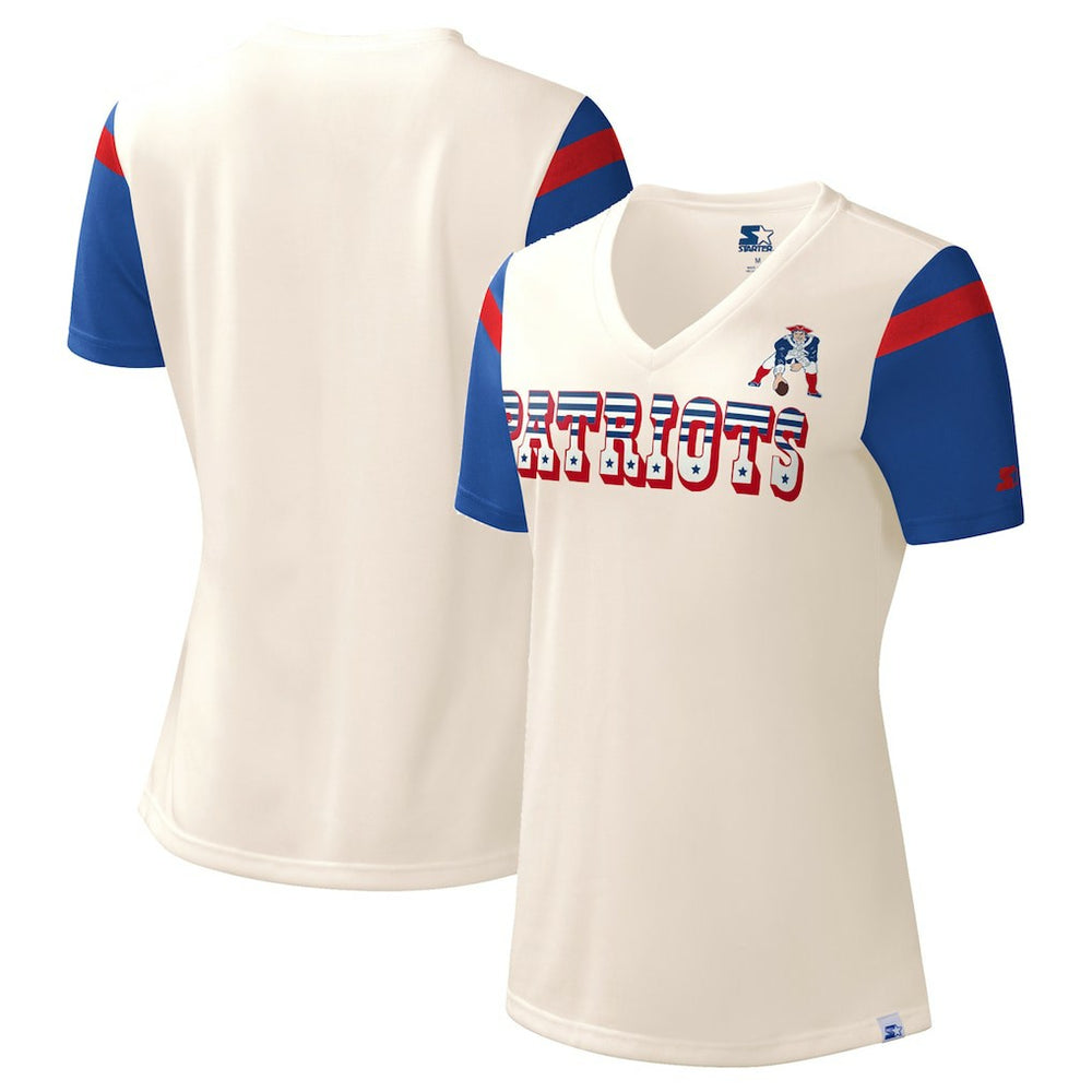 New England Patriots Starter Women's Kick Start V-Neck T-Shirt Cream
