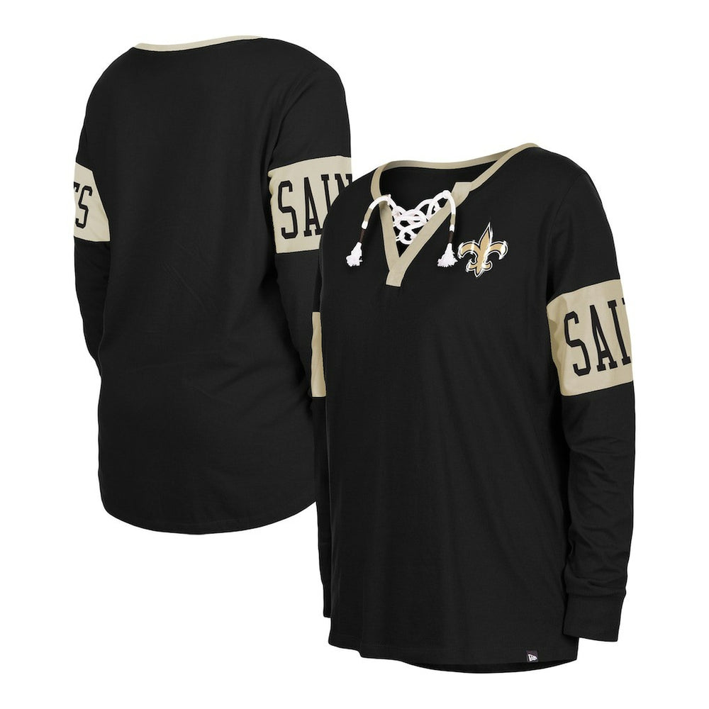 New Orleans Saints New Era Women's Lace-Up Notch Neck Long Sleeve T-Shirt Black