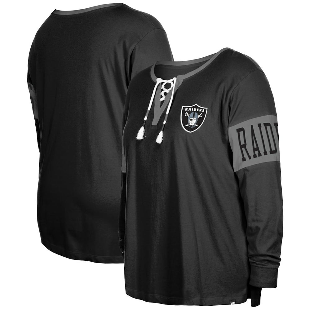 Las Vegas Raiders New Era Women's Plus Size Lace-Up Notch Neck Long Sleeve T-Shirt Black