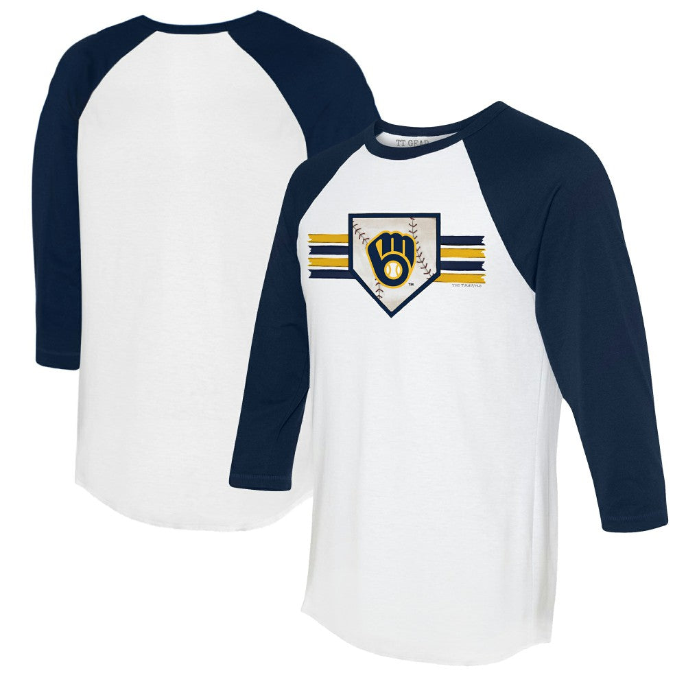 Milwaukee Brewers Tiny Turnip Women's Base Stripe 3/4-Sleeve Raglan T-Shirt - White/Navy - MLB on Sale