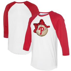 Philadelphia Phillies Tiny Turnip Women's Baseball Bow 3/4-Sleeve Raglan T-Shirt - White/Red - MLB Lifestyle