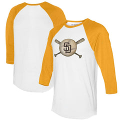 San Diego Padres Tiny Turnip Women's Baseball Cross Bats 3/4-Sleeve Raglan T-Shirt - White/Gold - MLB Discount