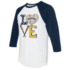 Milwaukee Brewers Tiny Turnip Women's Baseball Love Raglan 3/4-Sleeve T-Shirt - White/Navy - MLB Online