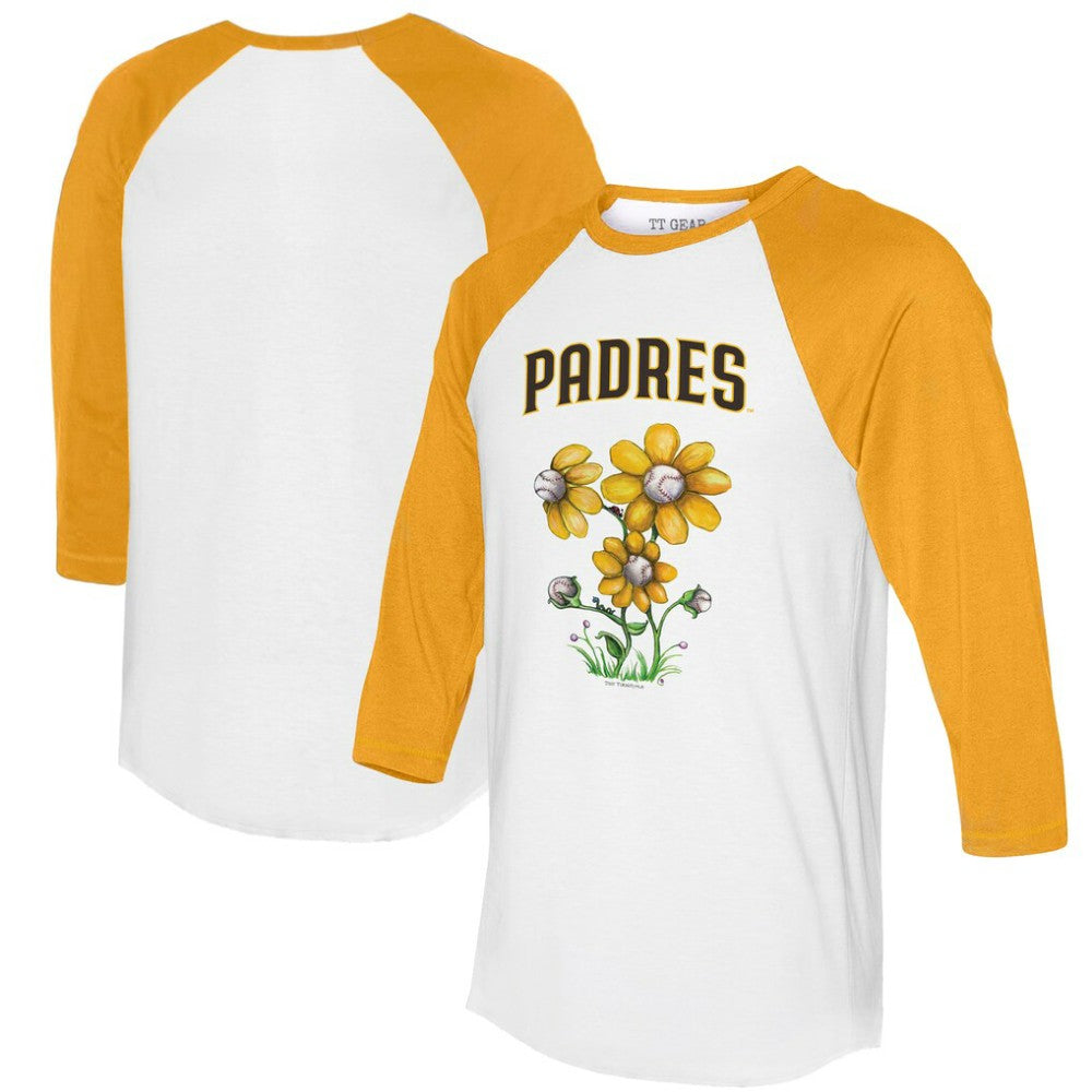 San Diego Padres Tiny Turnip Women's Blooming Baseballs 3/4-Sleeve Raglan T-Shirt - White/Gold - MLB Sale