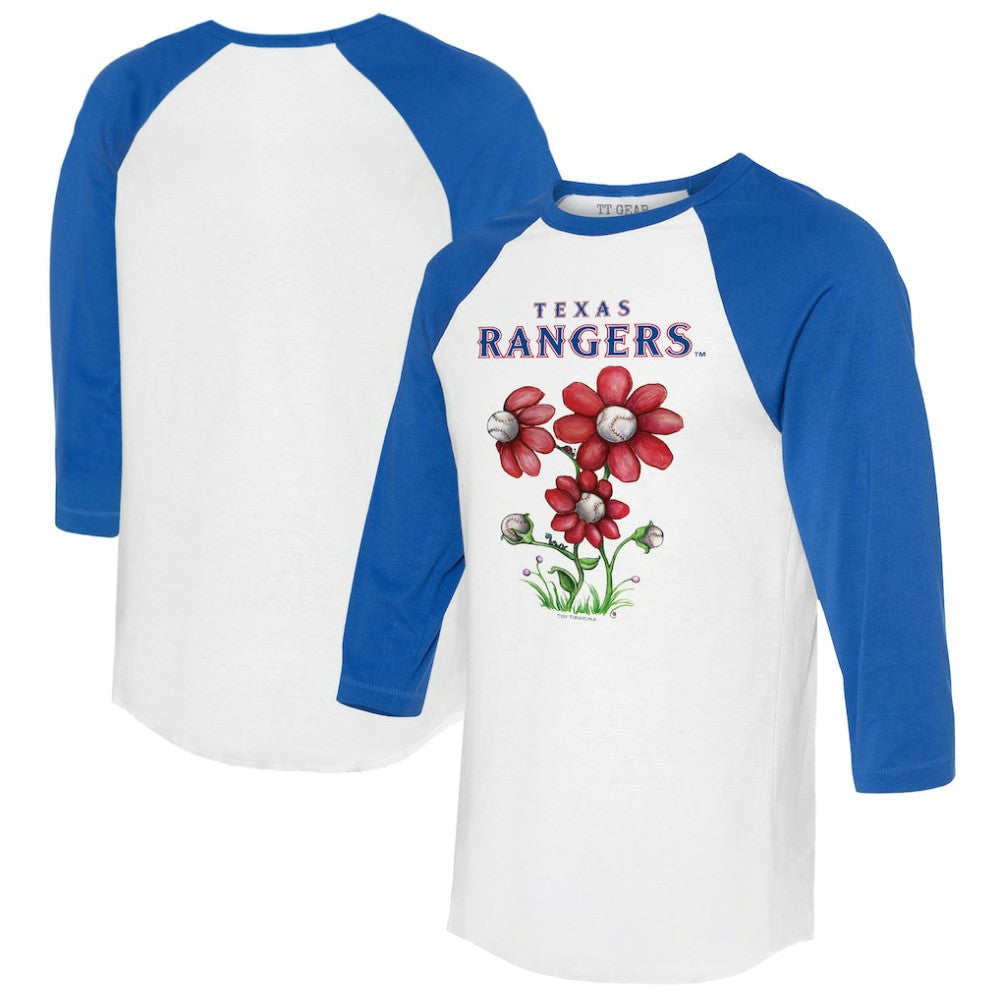 Texas Rangers Tiny Turnip Women's Blooming Baseballs 3/4-Sleeve Raglan T-Shirt - White/Royal - MLB Lifestyle