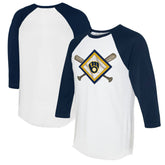 Milwaukee Brewers Tiny Turnip Women's Diamond Cross Bats 3/4-Sleeve Raglan T-Shirt - White/Navy - MLB Online