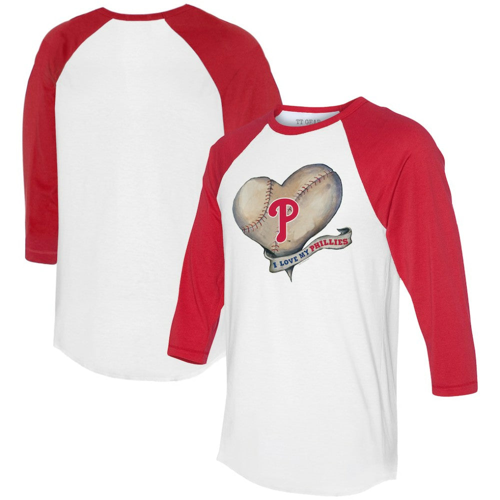 Philadelphia Phillies Tiny Turnip Women's Heart Banner 3/4-Sleeve Raglan T-Shirt - White/Red - MLB Online
