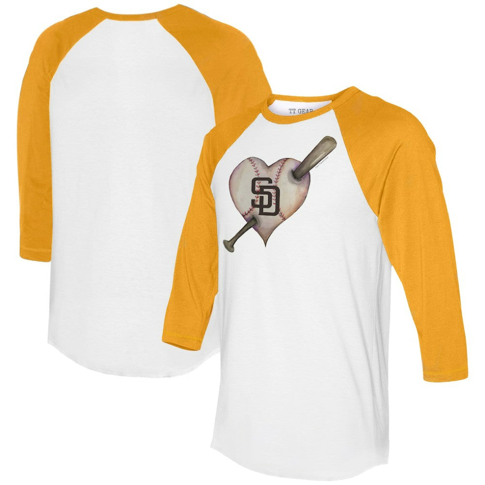 San Diego Padres Tiny Turnip Women's Heart Bat 3/4-Sleeve Raglan T-Shirt - White/Gold - MLB Discount