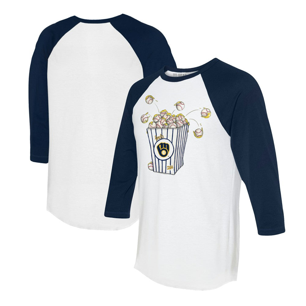 Milwaukee Brewers Tiny Turnip Women's Popcorn 3/4-Sleeve Raglan T-Shirt - White/Navy - MLB Discount