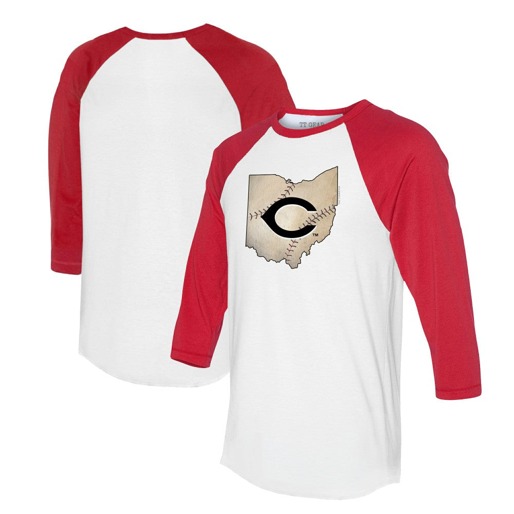 Cincinnati Reds Tiny Turnip Unisex State Outline 3/4-Sleeve Raglan T-Shirt - White/Red - MLB Lifestyle