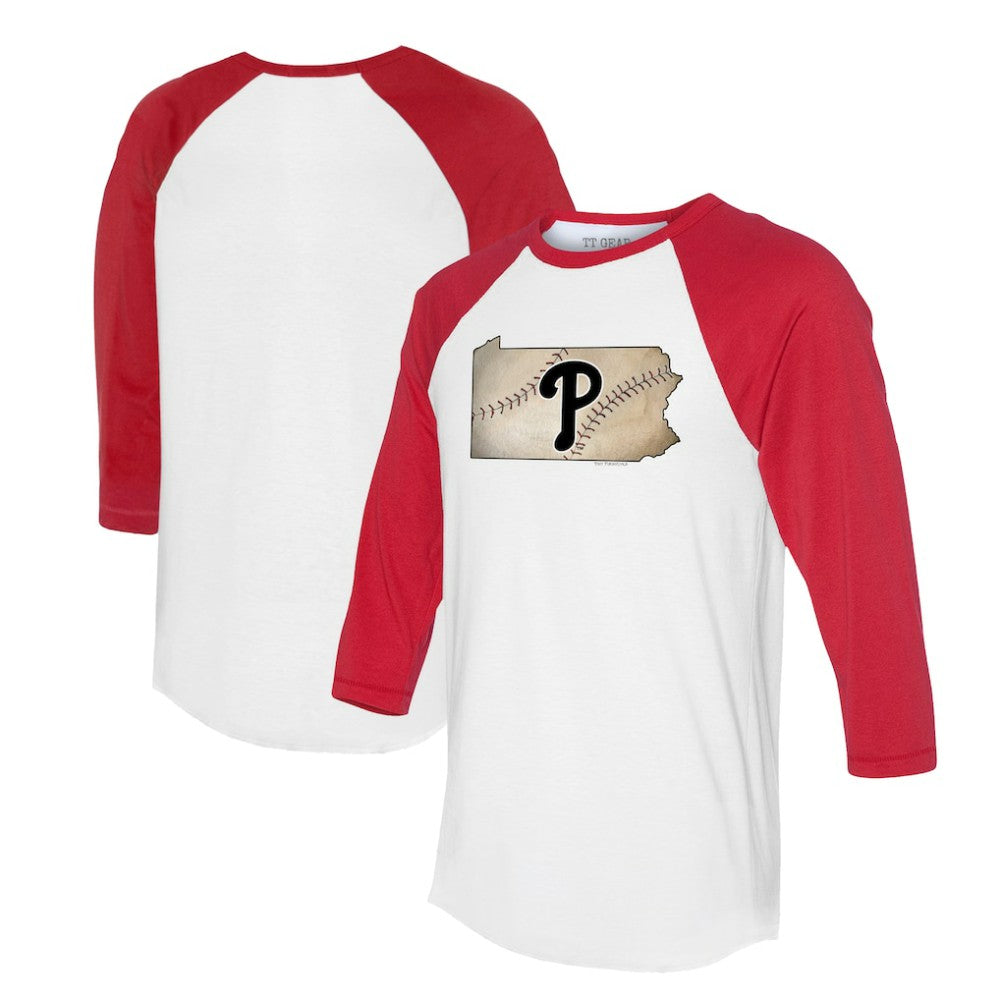 Philadelphia Phillies Tiny Turnip Unisex State Outline 3/4-Sleeve Raglan T-Shirt - White/Red - MLB Discount