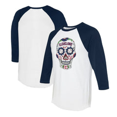 Cleveland Guardians Tiny Turnip Unisex Sugar Skull 3/4-Sleeve Raglan T-Shirt - White/Navy - MLB Discount