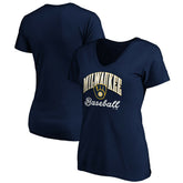 Milwaukee Brewers Women's Core Victory Script V-Neck T-Shirt - Navy - MLB Discount