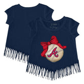 Atlanta Braves Tiny Turnip Girls Youth Baseball Bow Fringe T-Shirt - Navy - MLB Discount