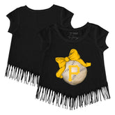 Pittsburgh Pirates Tiny Turnip Girls Youth Baseball Bow Fringe T-Shirt - Black - MLB on Sale