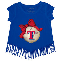 Texas Rangers Tiny Turnip Girls Youth Baseball Bow Fringe T-Shirt - Royal - MLB on Sale