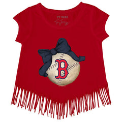 Boston Red Sox Tiny Turnip Girls Youth Baseball Bow Fringe T-Shirt - Red - MLB on Sale
