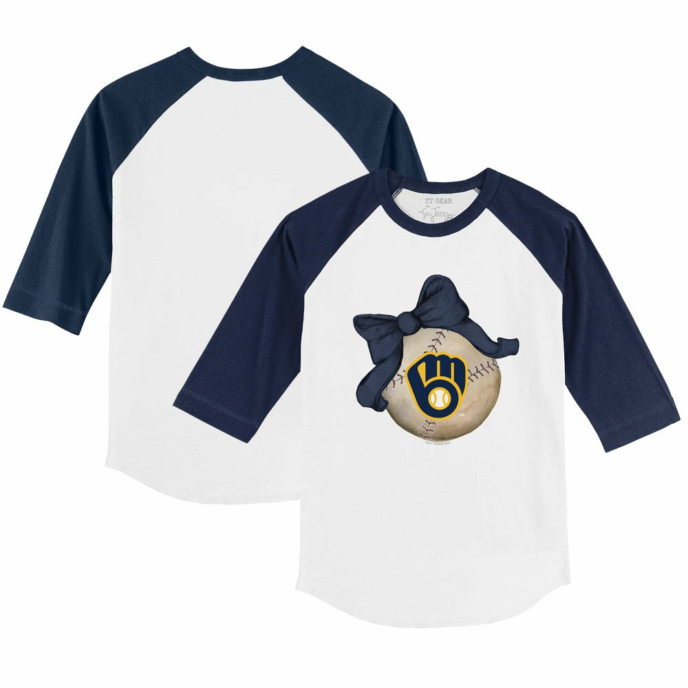 Milwaukee Brewers Tiny Turnip Youth Baseball Bow 3/4-Sleeve Raglan T-Shirt - White/Navy - MLB Sale