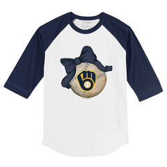 Milwaukee Brewers Tiny Turnip Youth Baseball Bow 3/4-Sleeve Raglan T-Shirt - White/Navy - MLB Sale