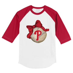 Philadelphia Phillies Tiny Turnip Youth Baseball Bow 3/4-Sleeve Raglan T-Shirt - White/Red - MLB Discount