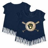 Milwaukee Brewers Tiny Turnip Girls Youth Baseball Cross Bats Fringe T-Shirt - Navy - MLB Lifestyle