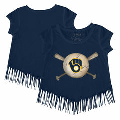 Milwaukee Brewers Tiny Turnip Girls Youth Baseball Cross Bats Fringe T-Shirt - Navy - MLB Lifestyle